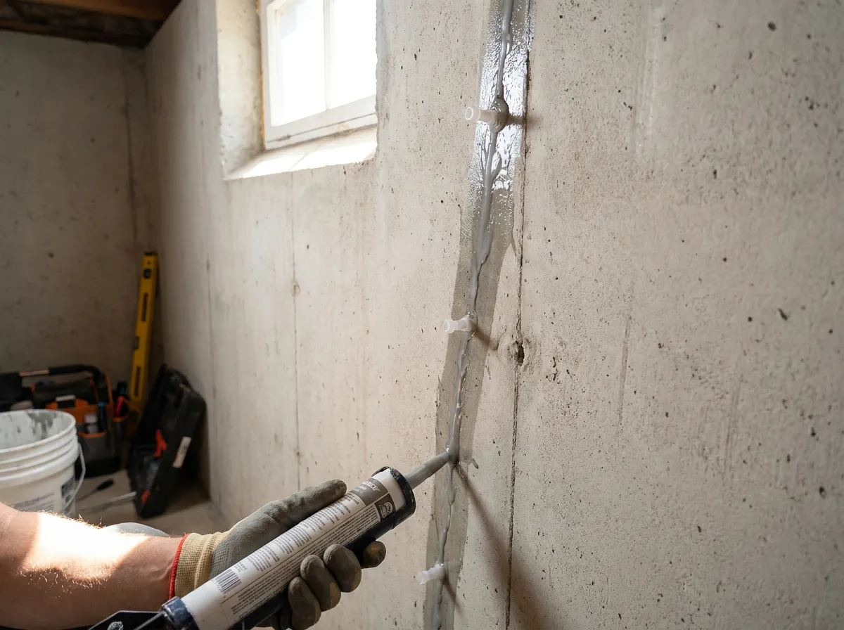 Basement wall crack repair using epoxy injection method