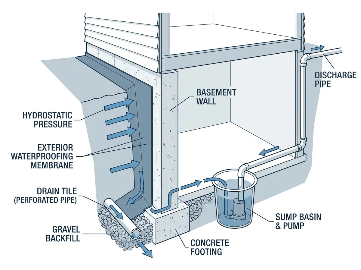 Cutaway diagram of basement waterproofing system showing water pressure, drain tile, and sump pump