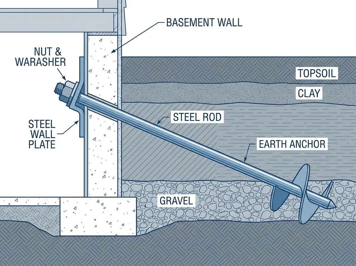 Diagram of basement wall anchor system for bowing wall repair