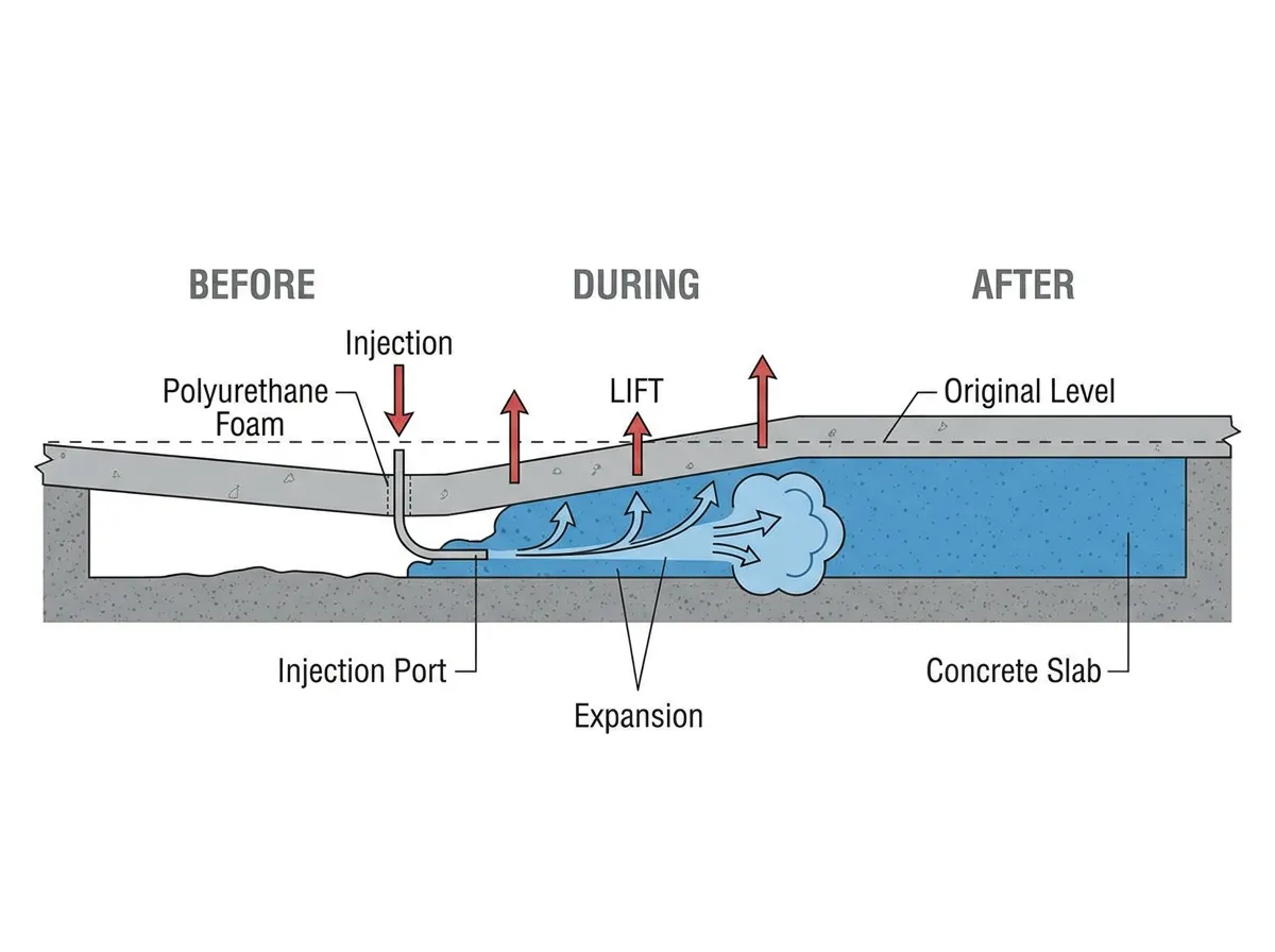 Diagram of concrete leveling using polyurethane foam injection