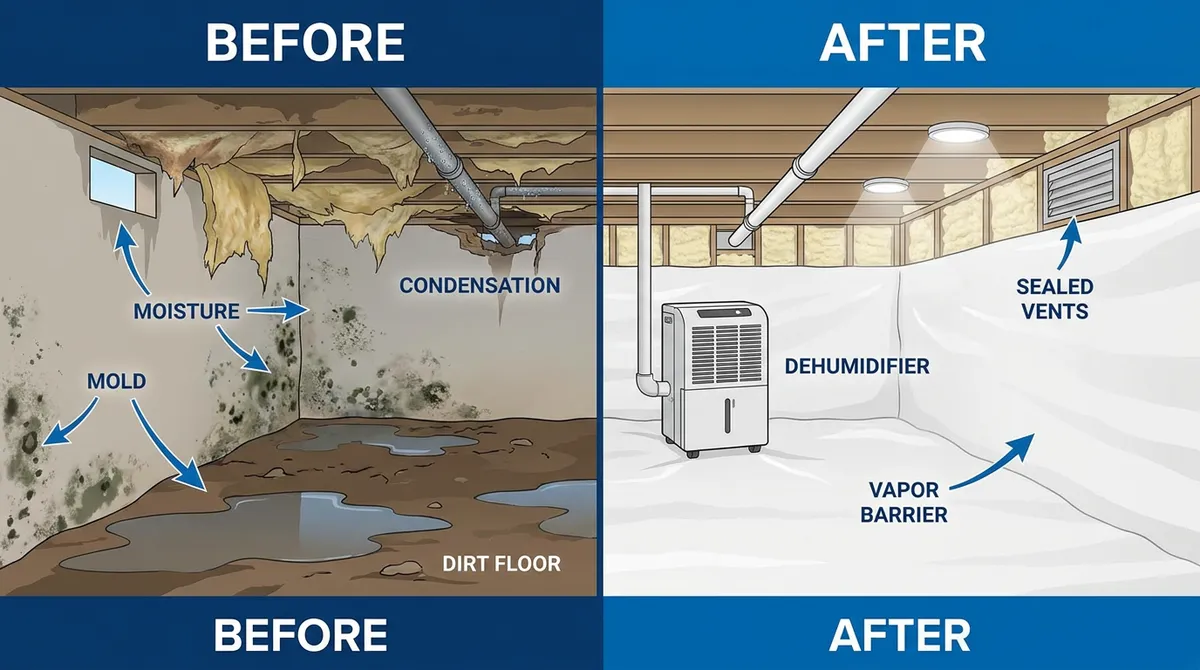 Before and after crawl space encapsulation showing vapor barrier installation