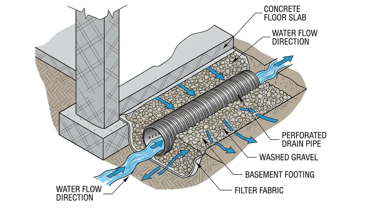 Technical diagram of interior drain tile system in basement trench