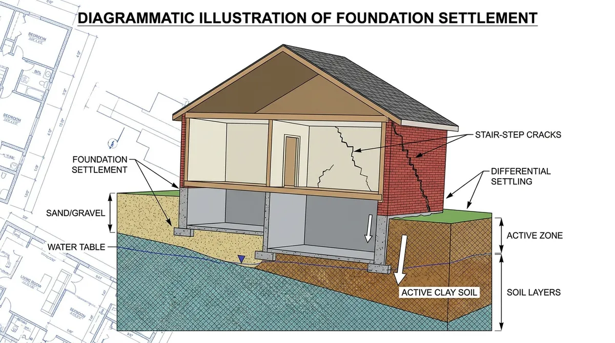 Technical diagram of foundation settlement and stair-step crack formation