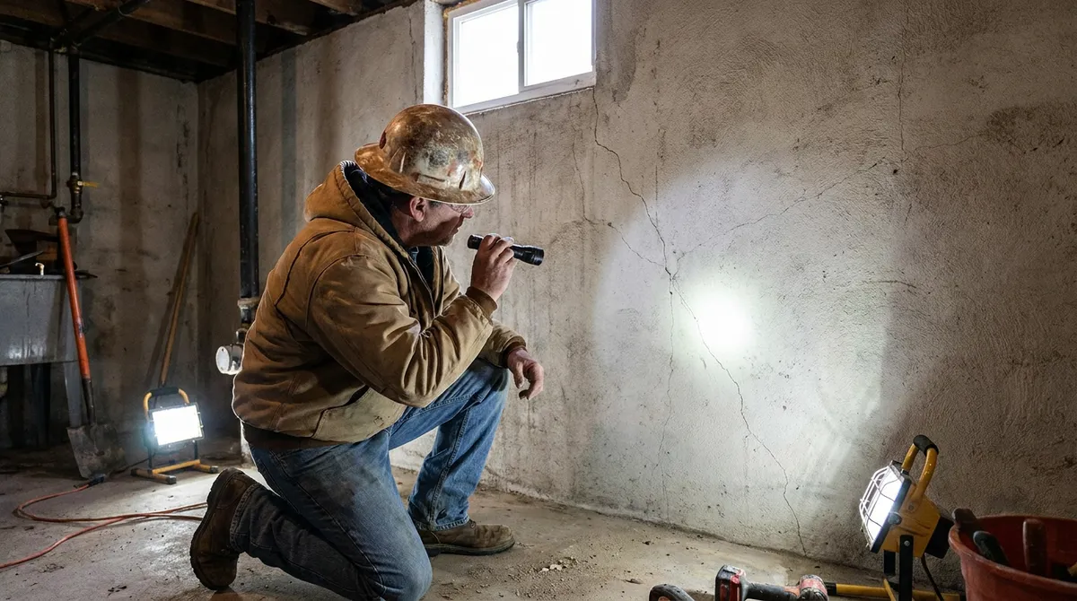 Foundation repair contractor inspecting basement wall cracks in Minneapolis home