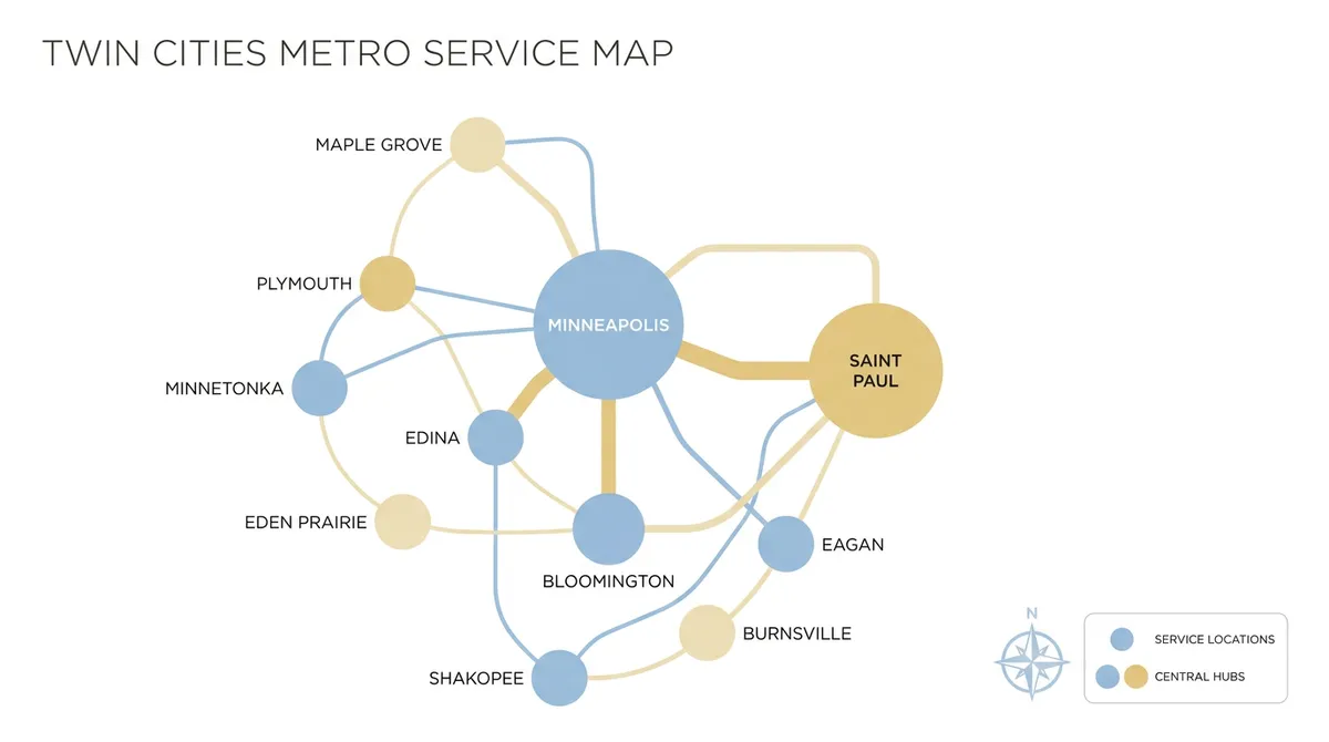 Map of Twin Cities service area including Minneapolis, St. Paul, and surrounding suburbs